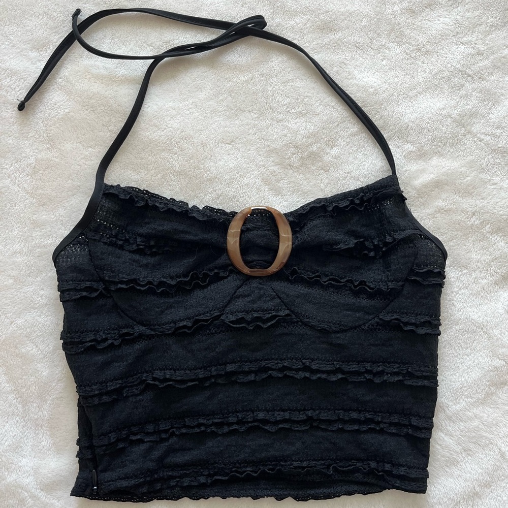 Black Lace Crop Top with Buckle